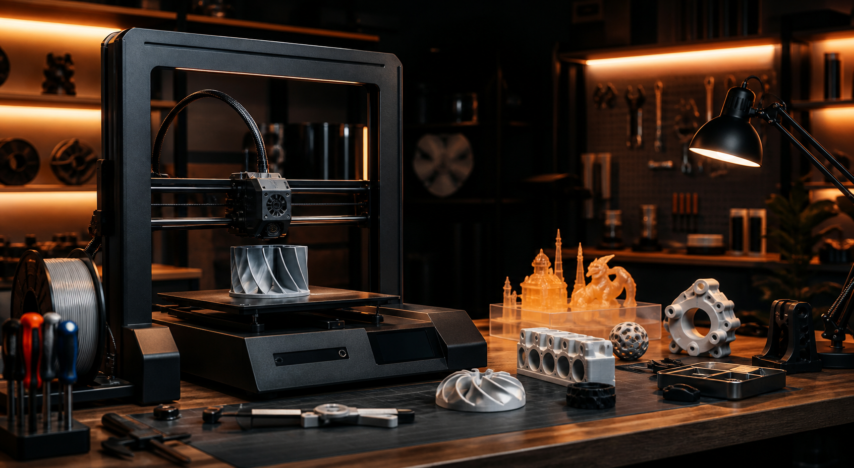 3D printer making a prototype part in a modern workshop
